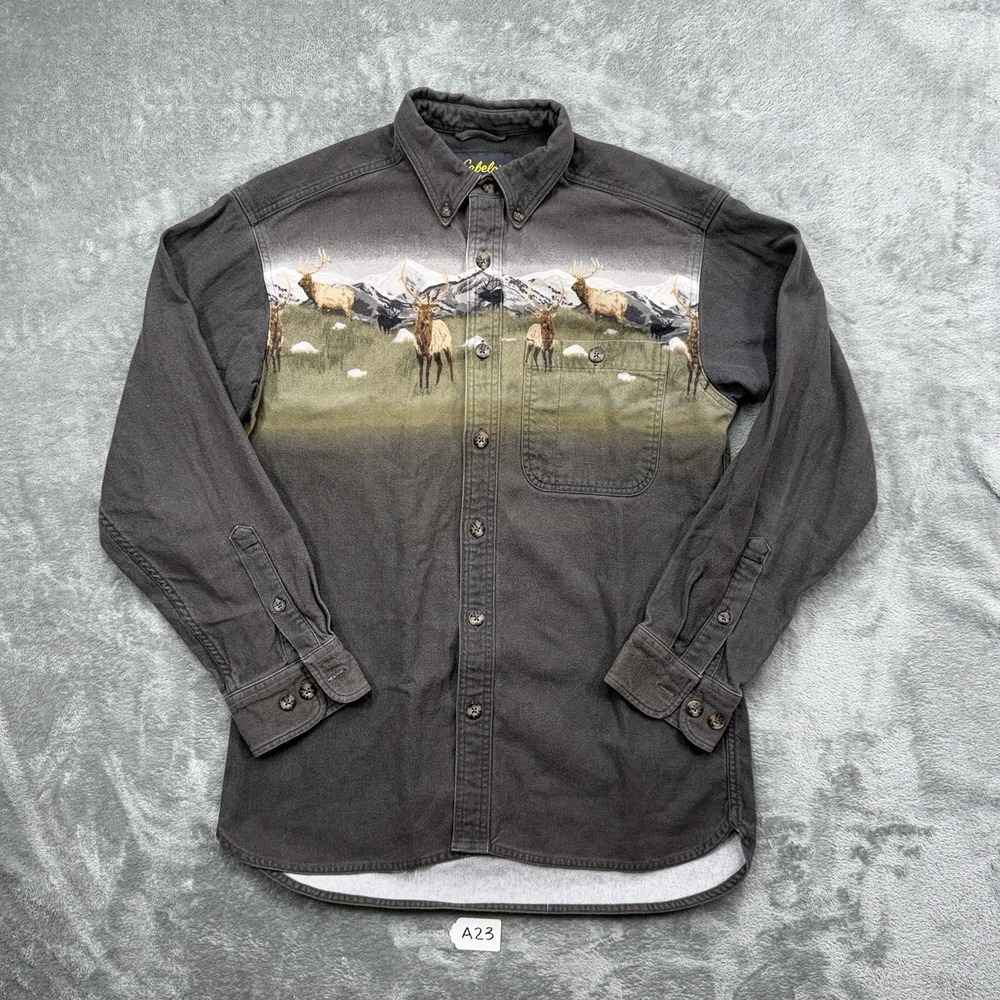 Cabelas Deerskin Chamois Shirt Mens Medium Gray Elk Mountain Graphic Button Down